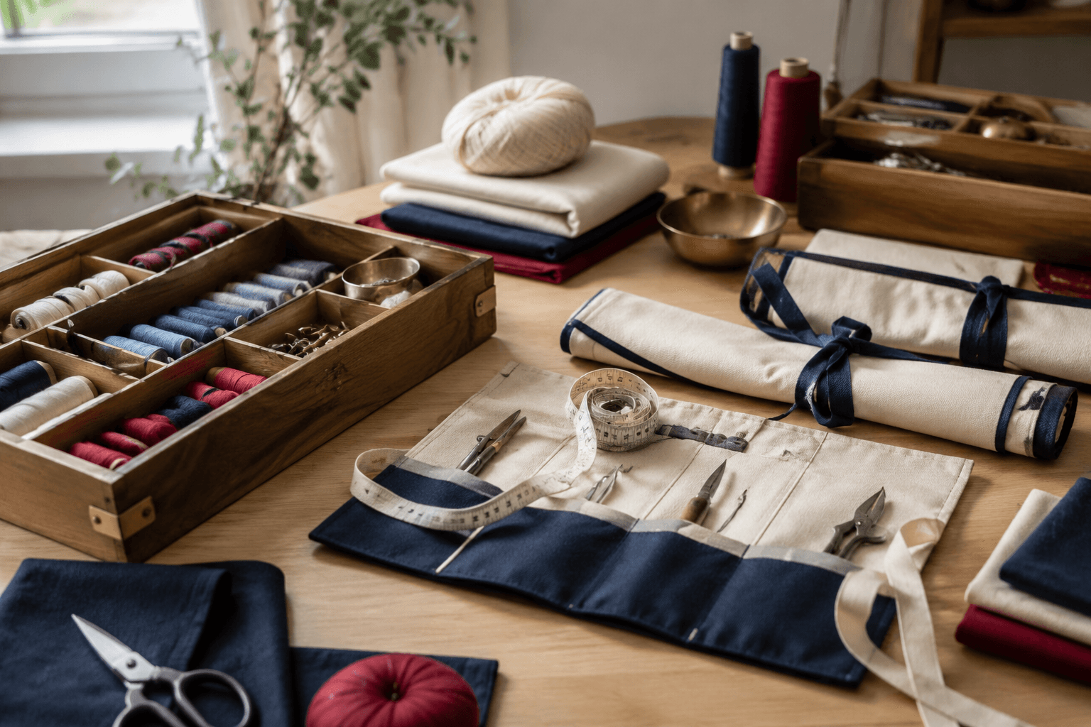 A calm, natural-light craft table with sewing supplies