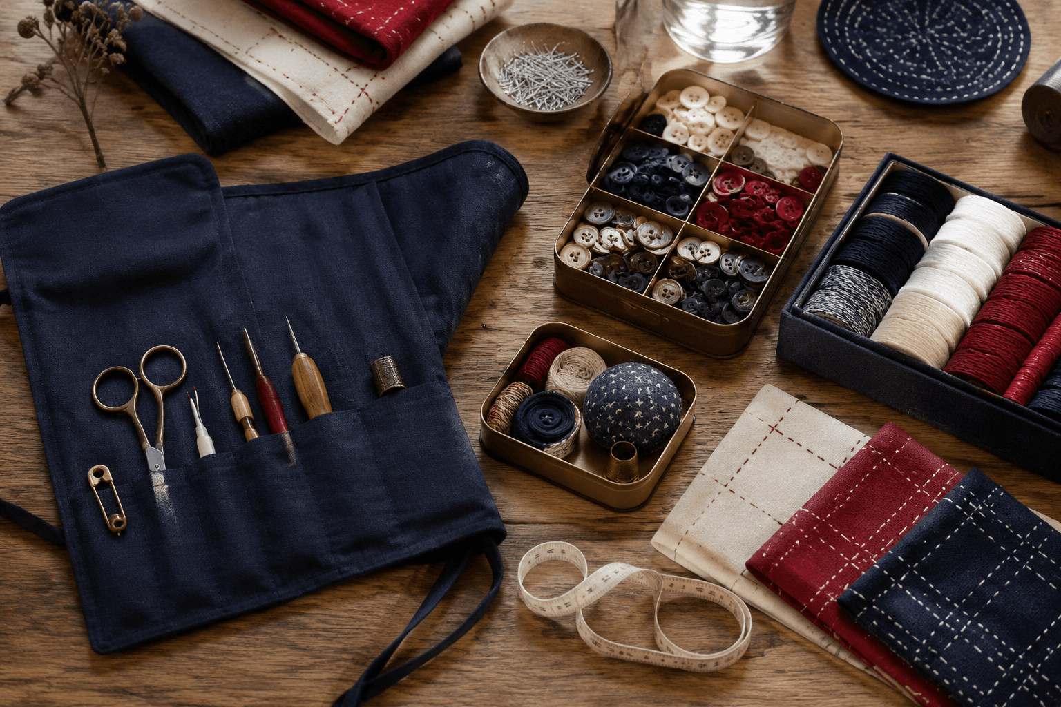 A tidy mending station with fabric tool roll, thread boxes and measuring tape